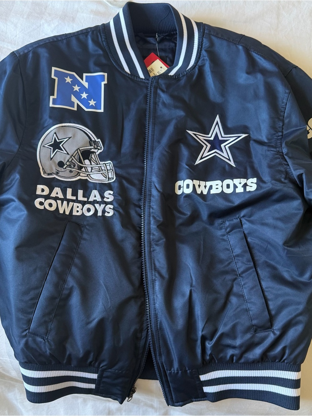 NFL Dallas Cowboys Navy and White Puffer Jacket with Team Patches